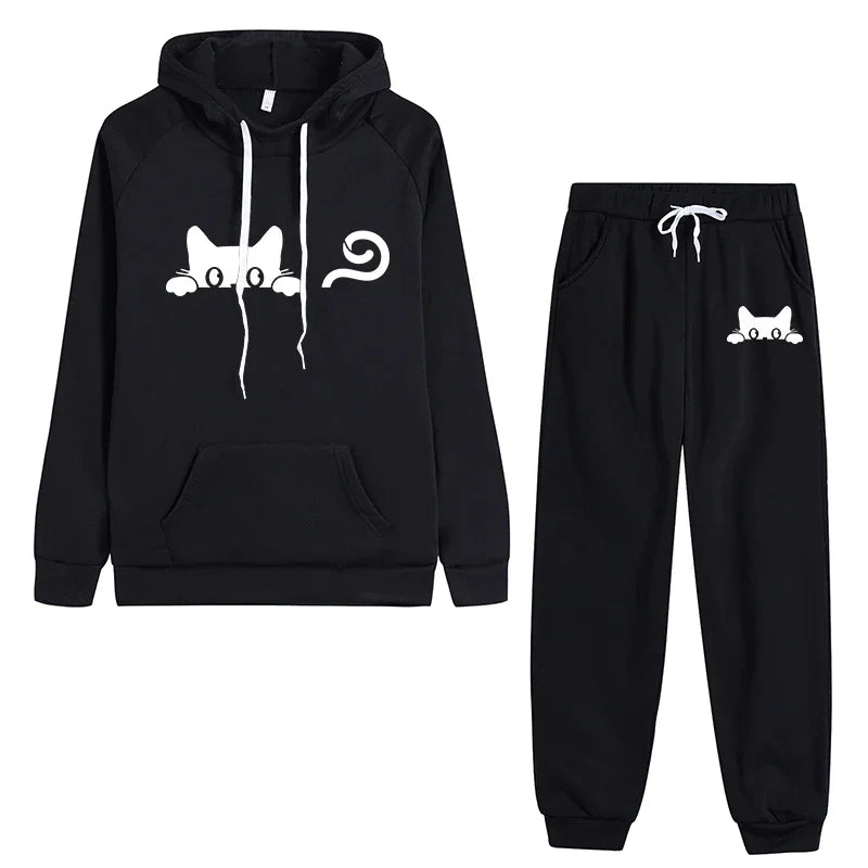 Hot-selling matching outfits for men and women, cute cat print casual hoodie set, daily fitness jogging pants set for men and wo