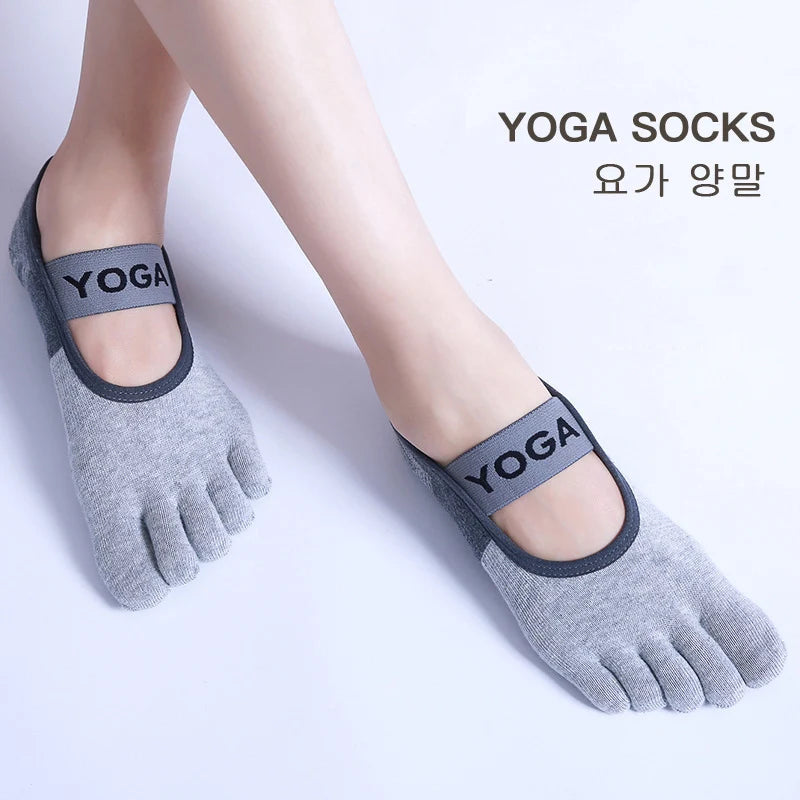 Women Breathable Pilates Socks Five Toe Silicone Non-Slip Yoga Socks Bandage Ballet Dance Ladies Fitness Sports Cotton Sock