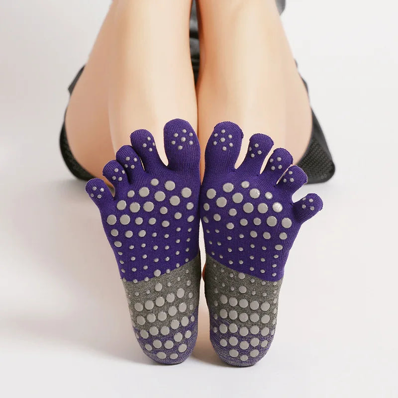 Women Breathable Pilates Socks Five Toe Silicone Non-Slip Yoga Socks Bandage Ballet Dance Ladies Fitness Sports Cotton Sock