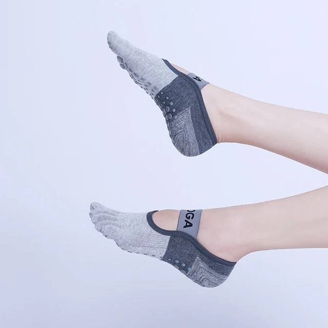 Women Breathable Pilates Socks Five Toe Silicone Non-Slip Yoga Socks Bandage Ballet Dance Ladies Fitness Sports Cotton Sock