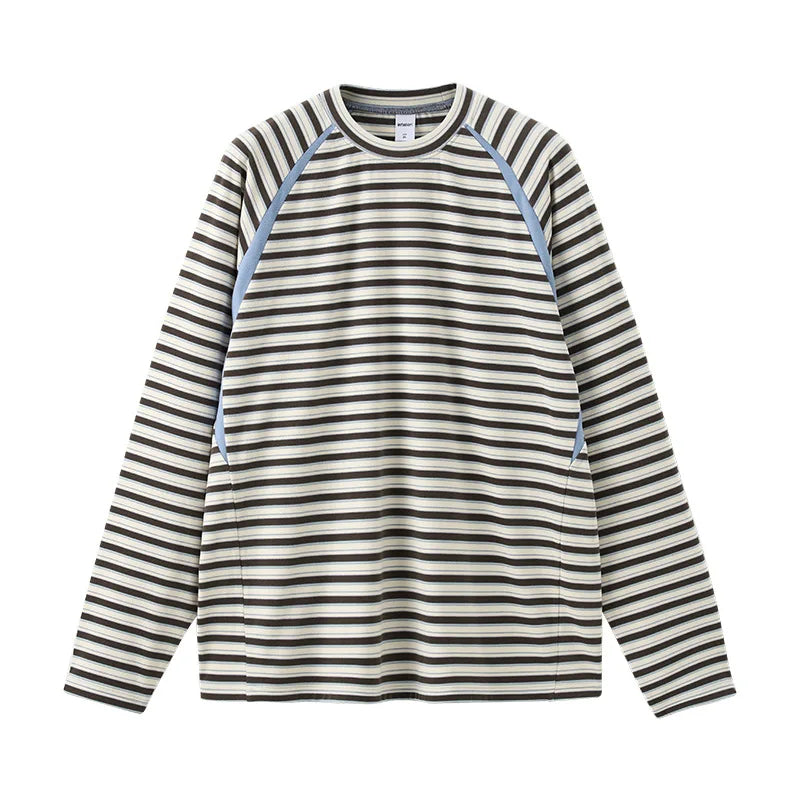 Color Block Streetwear T-Shirt Men's Loose Fit Long Sleeve Striped Top American Style Casual Shirt Crewneck Pullover Fall Winter